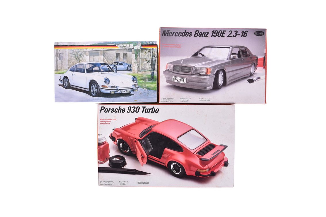 Three Model Car Kits - Porsche 911S, Porsche 930, Mercedes Benz 190E