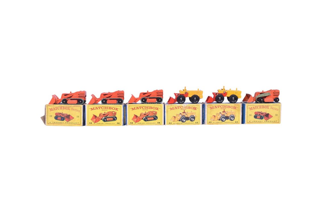 Six Matchbox / Lesney No. 58 Drott Excavator and No. 43 Tractor Shovels w/ Boxes