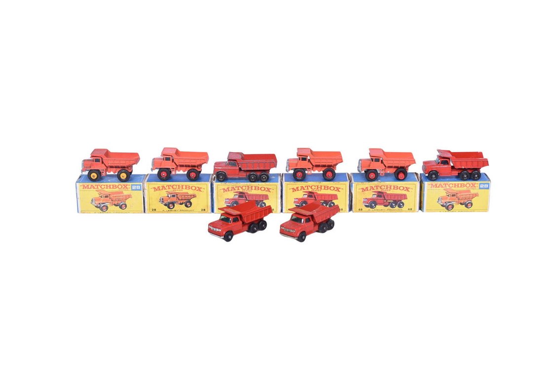 Eight Matchbox / Lesney No. 28 Mack and No. 48 Dodge Dump Trucks