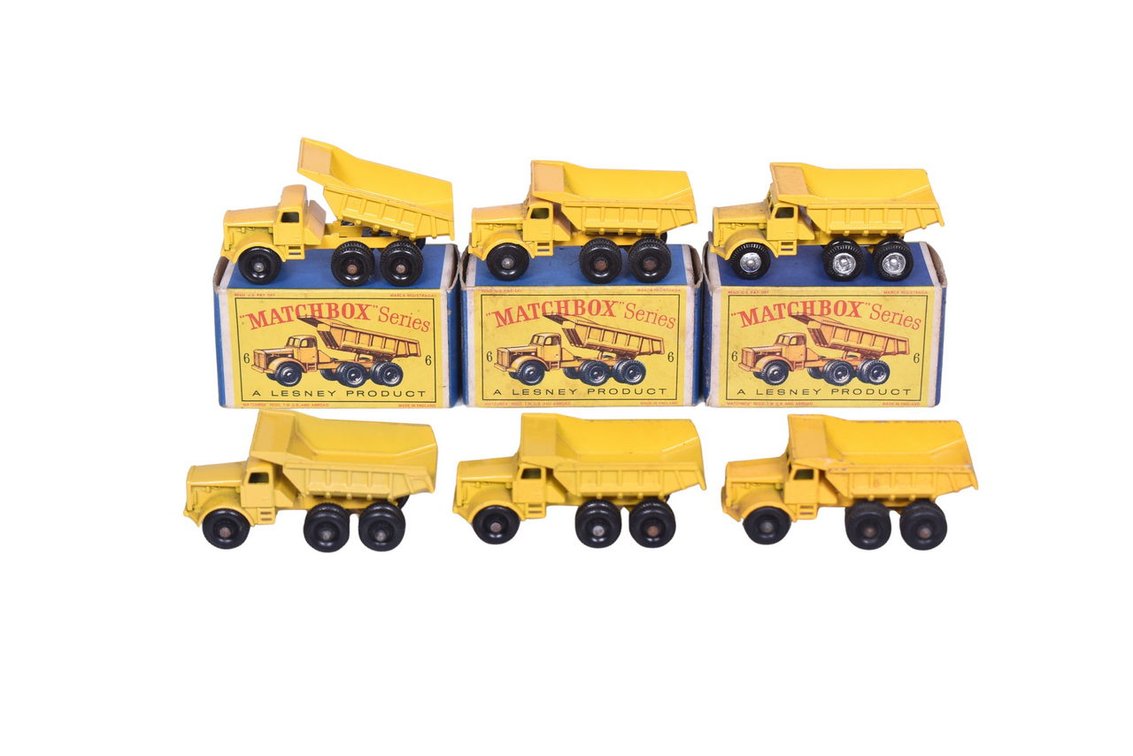Six Matchbox / Lesney No. 6 Euclid Quarry Trucks w/ Boxes