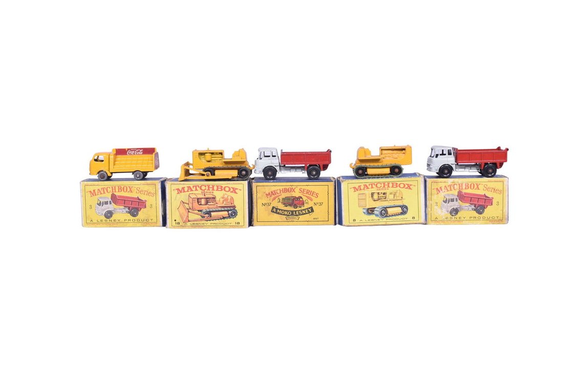 Five Matchbox / Lesney Vehicles No. 37 Coca Cola, No. 3 Bedford, No. 18 and 8 Caterpillar