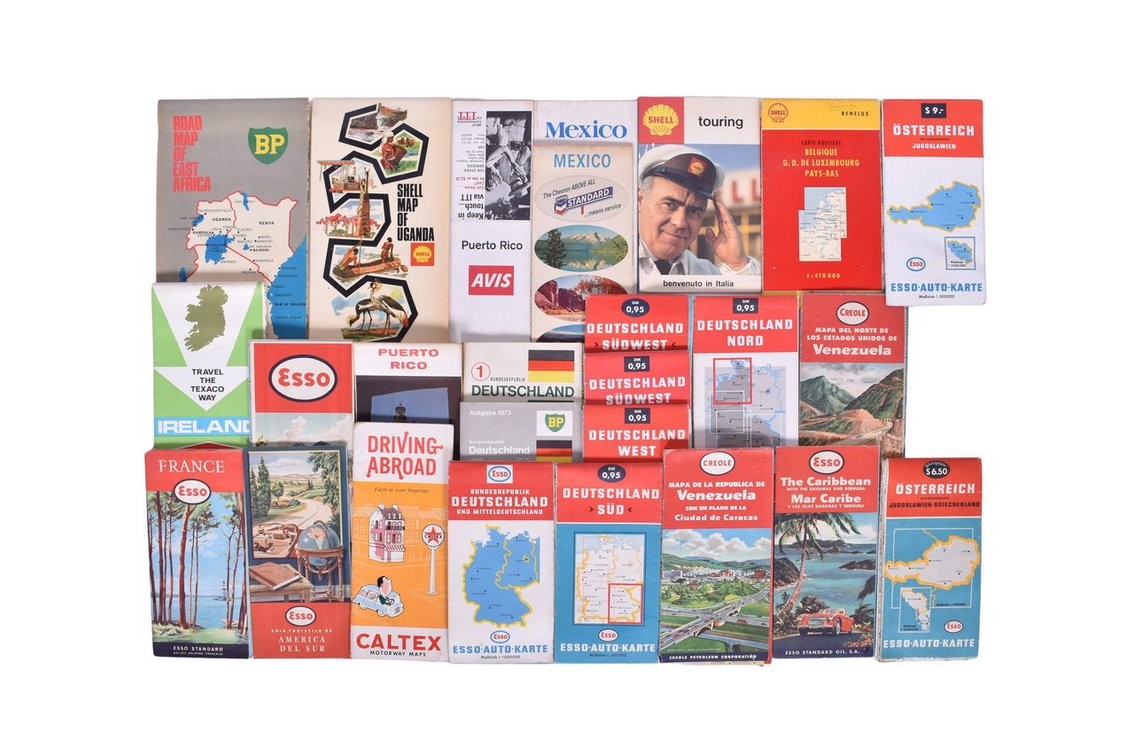 Group of 26 Gas Station Foreign Touring Road Maps - BP, Shell, Chevron, Caltex, Avis, Exxon, Esso, Texaco, Creole