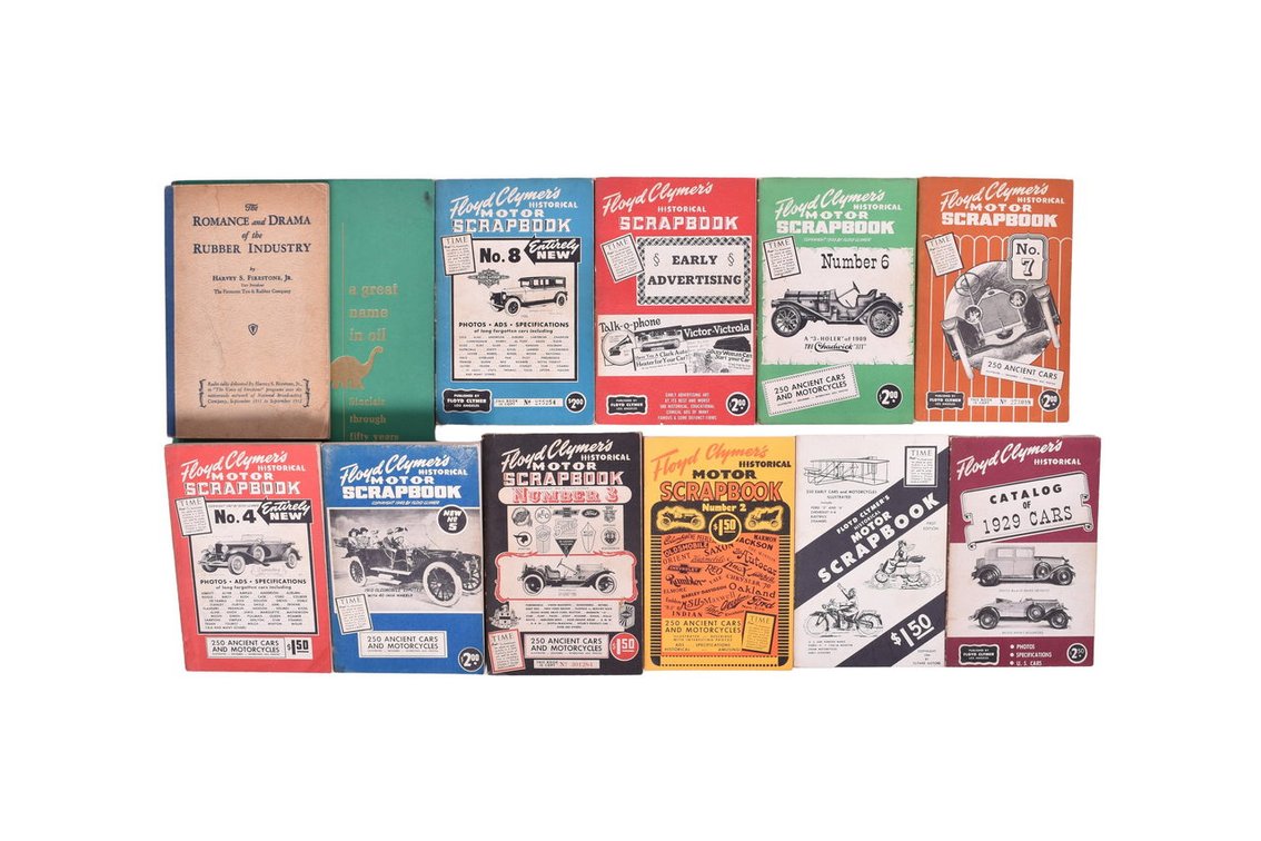 Group of 1940s-1950s Floyd Clymer's Historical Motor Scrapbooks, 1932 Firestone Book, 1966 Sinclair Oil Book
