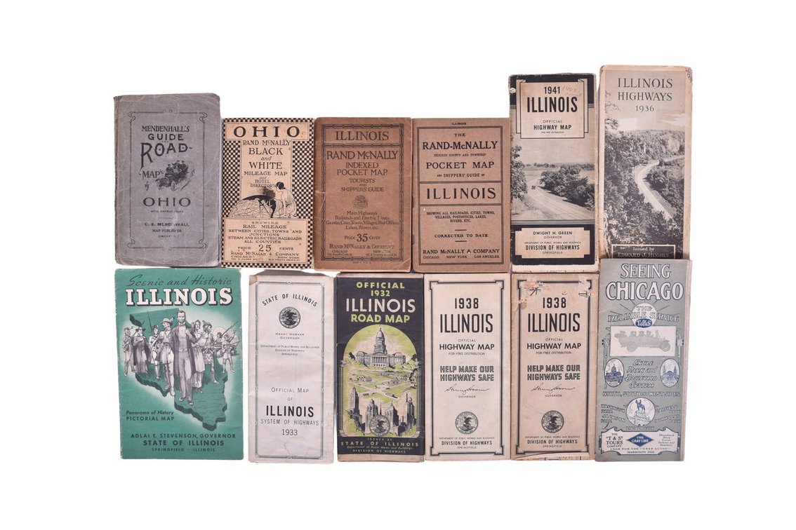 Group of 12 Early Illinois and Ohio Road Maps 1910s-1940s Rand McNally, Mendenhall's, etc.