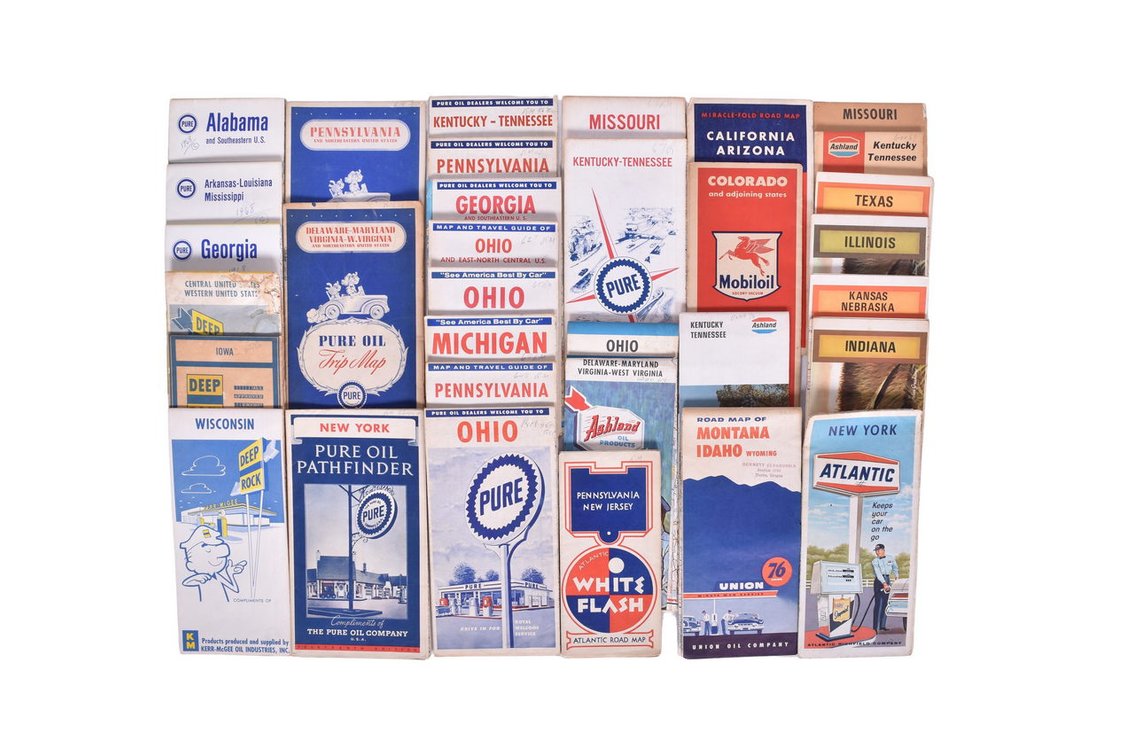 Group of 33 Gas Station Road Maps - Pure, Ashland, Mobil, Union 76, Atlantic, Deep Rock, Kerr-McGee