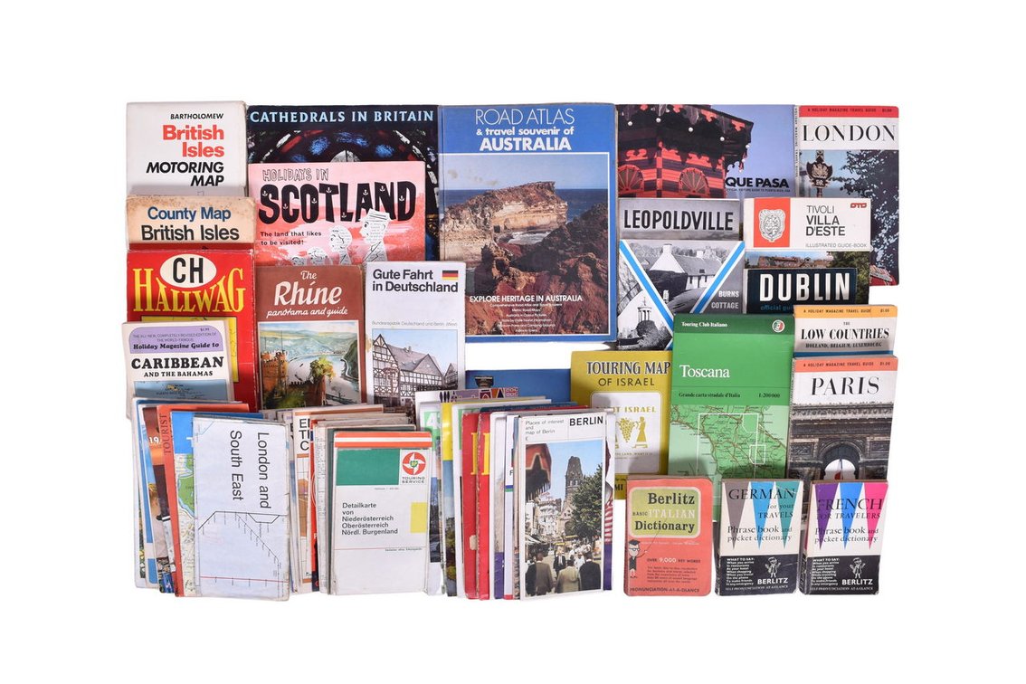 Large Group of Foreign Road Maps, Guide Books, Atlas, Pocket Dictionaries, Brochures, Pamphlets, Magazines, etc.