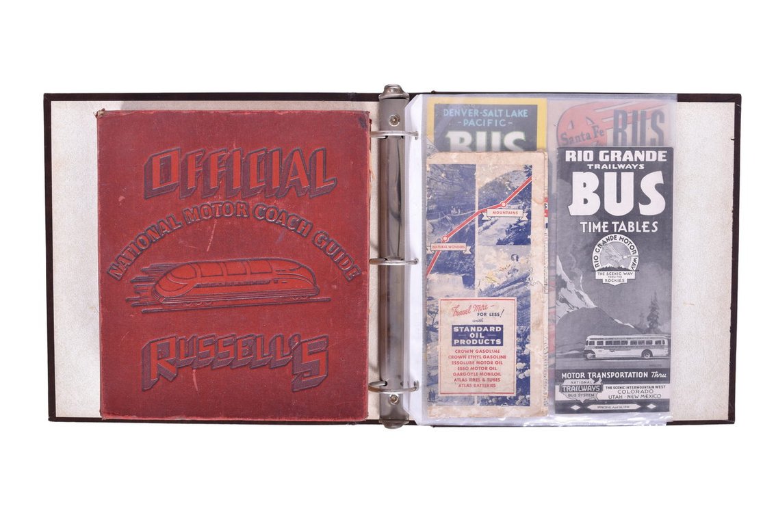 1958 Russell's Official National Motor Coach Guide Book and Five Road Maps / Bus Time Tables