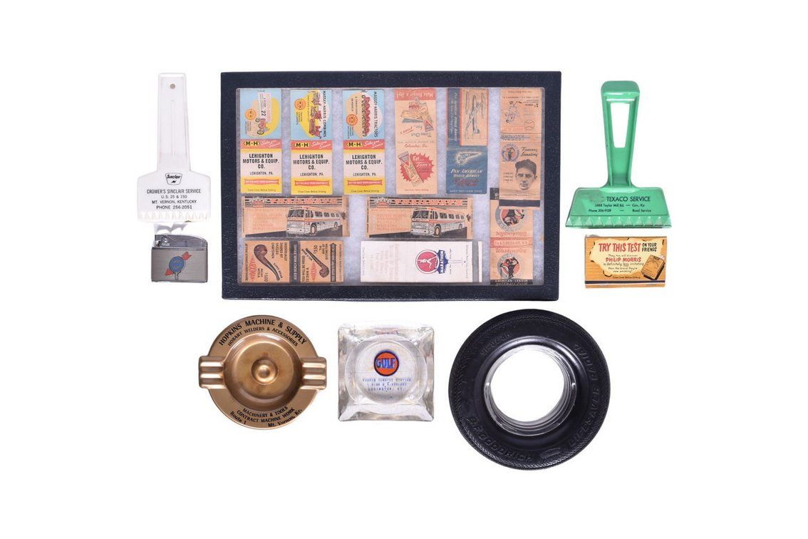 Group of Automobile Service Station Advertising Ashtrays, Matchbooks, Ice Scrapers, Lighter