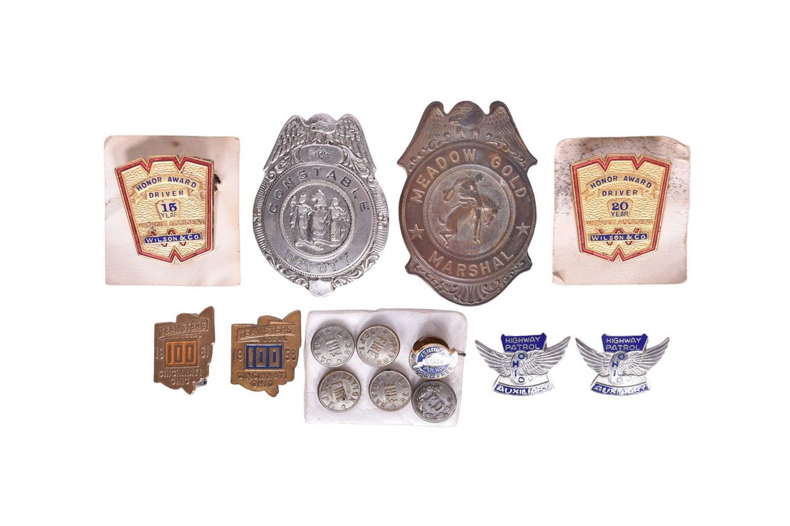 Group of 14 Pin Back Badges - Constable Deputy, Meadow Gold Marshal, Fire, Highway Patrol, State Police, Teamsters Local, Wilson & Co.