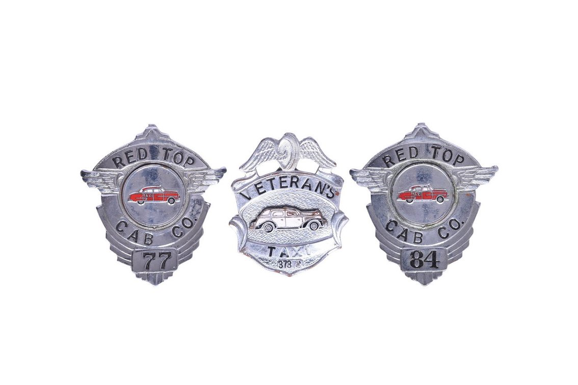 Group of 3 Taxi Cab Driver Hat Badges - Red Top and Veteran's