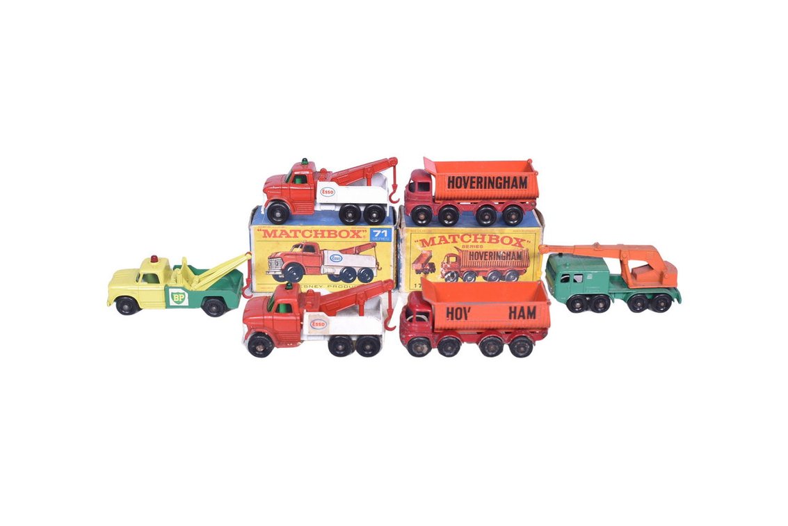 Six Matchbox / Lesney Trucks - No. 17 Hoveringham Tipper, No. 71 Esso Ford Wrecker, No. 13 BP Dodge Tow Truck, No. 30 Crane