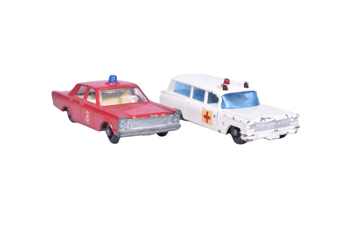 Two Matchbox Lesney Vehicles - No. 54 S&S Cadillac Ambulance, No. 59 Ford Galaxie