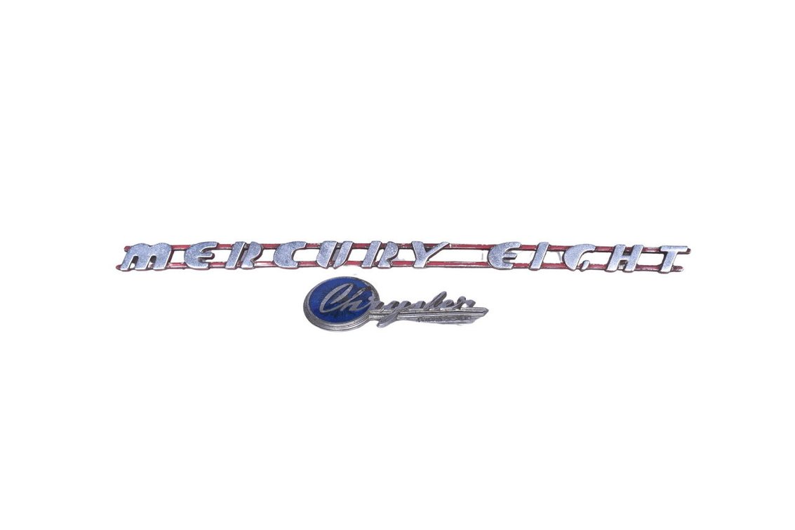 Two Automobile Hood / Grille Emblems - Chrysler Royal and Mercury Eight