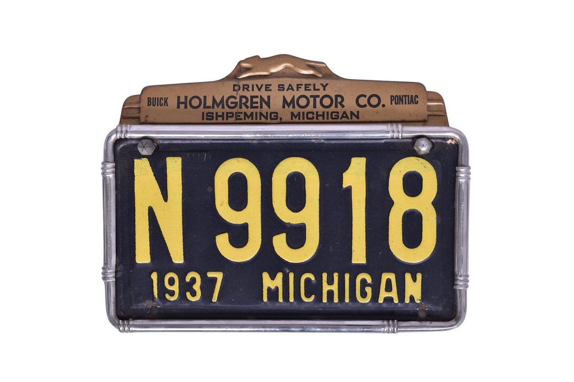 1937 Michigan License Plate with Homgren Motor Co. Topper