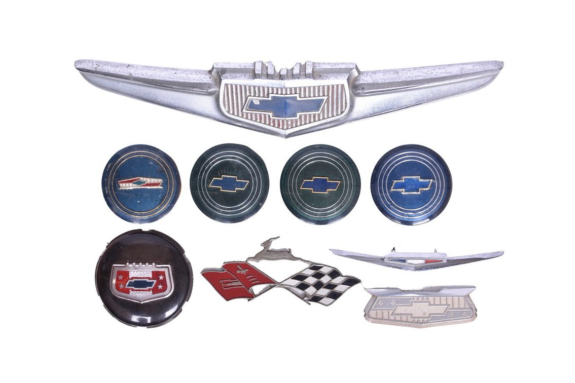 Group of Nine Chevrolet Emblems, Badges, Horn Buttons, Wheel Cap