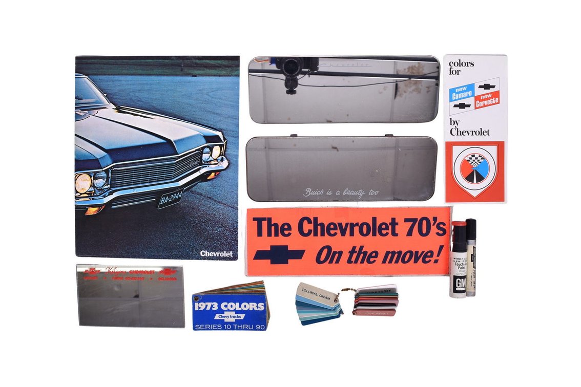 Group of Chevrolet Paint Color Samples, Touch Up Paint, Visor Mirrors, Bumper Sticker, etc.