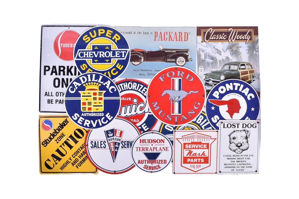 Group of Fourteen Reproduction Porcelain / Metal Car Dealership Advertising Signs - Chevrolet, Ford, Pontiac, Cadillac, Studebaker, Packard, Nash, Hudson, Oldsmobile, Buick
