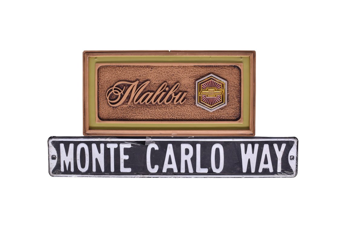 Chevrolet Dealership Showroom Double Sided Display Sign and Monte Carlo Way Metal Sign