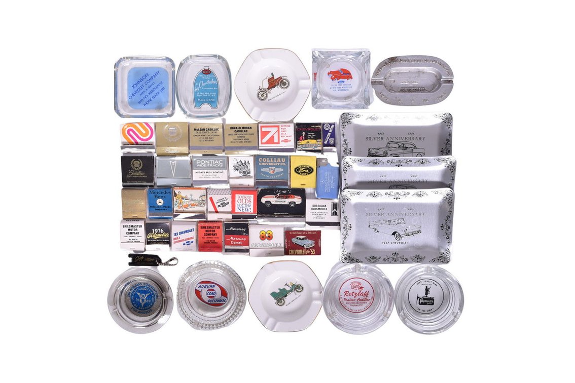 Group of Automobile Advertising Ashtrays and Matchbooks - Chevrolet, Ford, Oldsmobile, Cadillac, Pontiac, etc.
