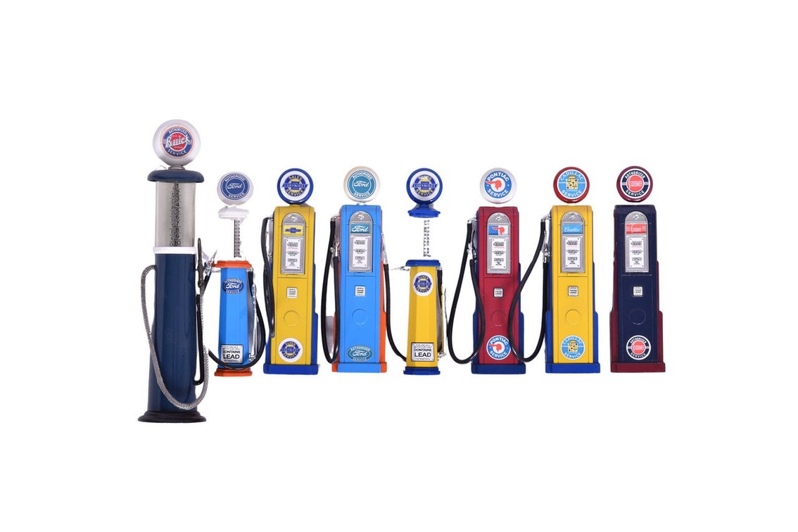 Group of Eight Mini Gas Pumps 1:18 Scale - Chevrolet, Ford, Studebaker, Buick, Cadillac, Pontiac