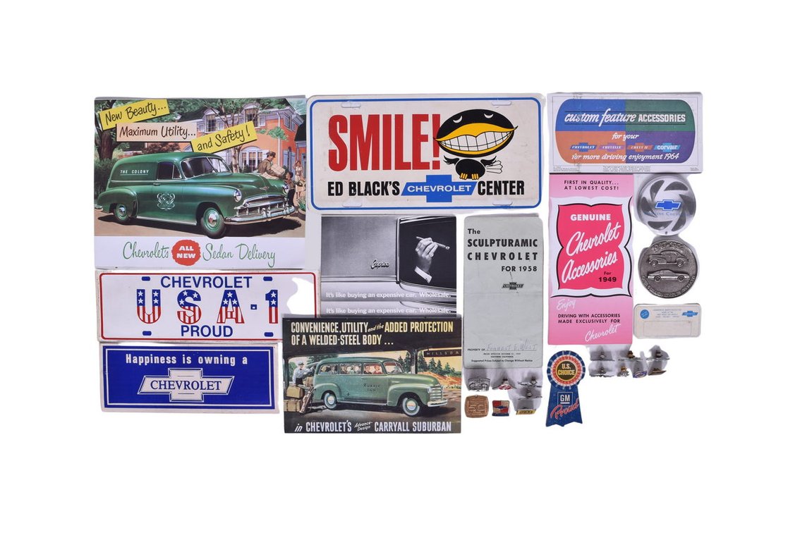 Group of Chevrolet Memorabilia and Ephemera - Pins, Bumper Stickers, License Plate Insert, Brochures, etc.