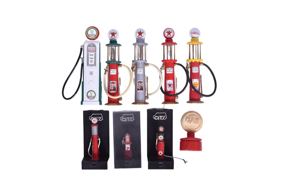 Group of Mini Gas Station Pumps 1:18 Scale, Ornaments, and Avon Bottle Lid - Texaco, Eagle, Shell