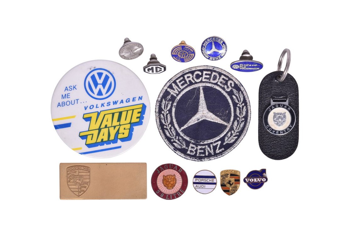Group of Foreign Car Automobile Pins, Small Emblems, Patch, Keychain - Volkswagen, Mercedes-Benz, Porsche, Duesenberg, Jaguar, Volvo, MG