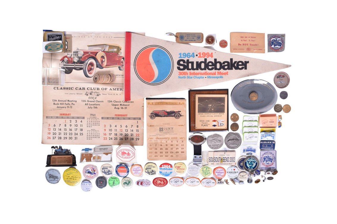 Large Assortment of Automobile Club Memorabilia and Promotional Items - Calendars, Plaques, Pennant, Wooden Nickels, Button Pins, etc.