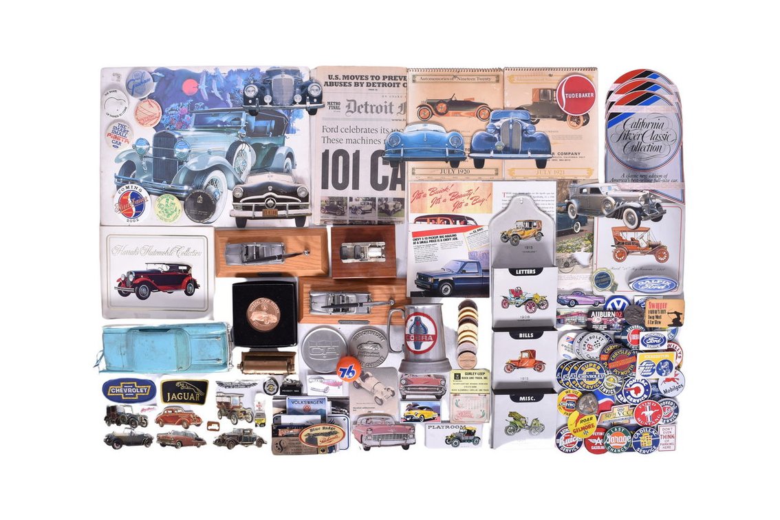 Large Assortment of Automobile Memorabilia - Wall Calendars, Novelty Car Phone, Metal Mug, Mail Organizer, Rolling Desk Calendar, Button Pins, Magnets, etc.
