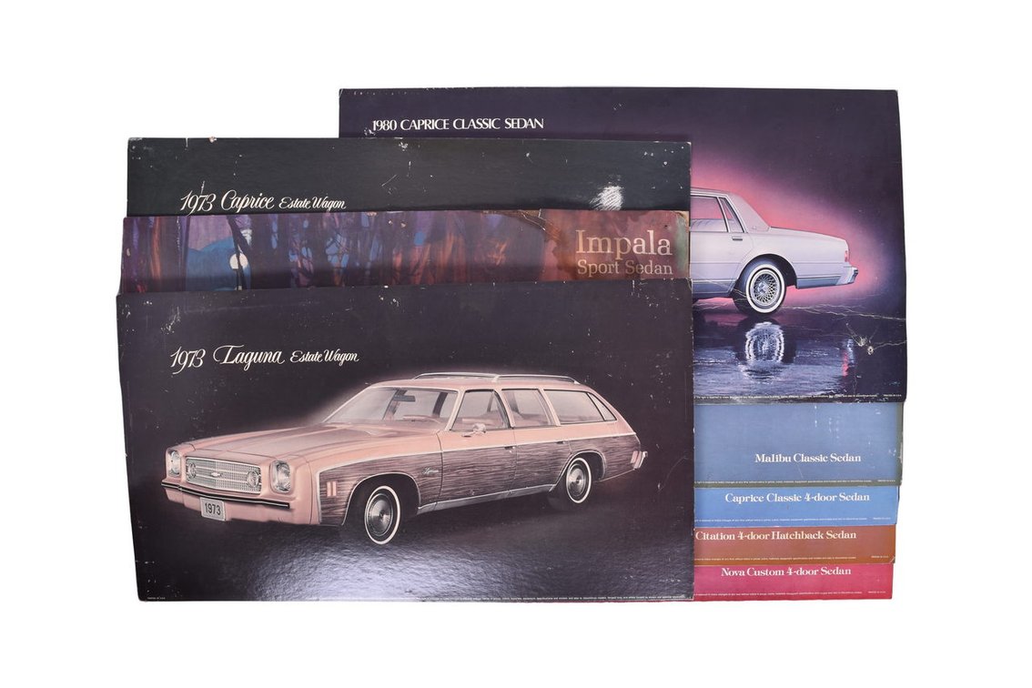 Eight Chevrolet Dealership Showroom Advertising Display Signs 1960s-1980s Malibu, Caprice, Laguna, Impala, Citation, Nova