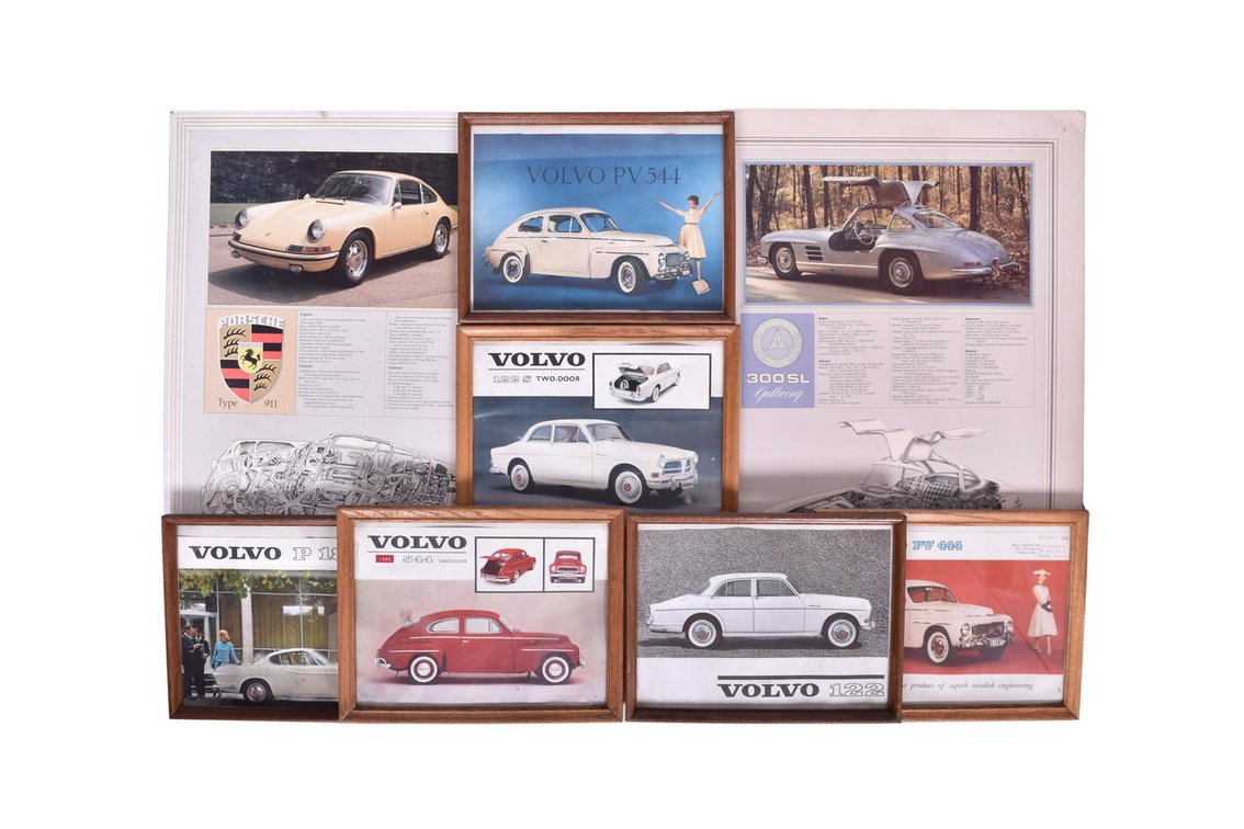 Eight Foreign Car Dealership Showroom Advertisement Posters and Framed Pictures 1950s-1960s Porsche, Mercedes-Benz, Volvo