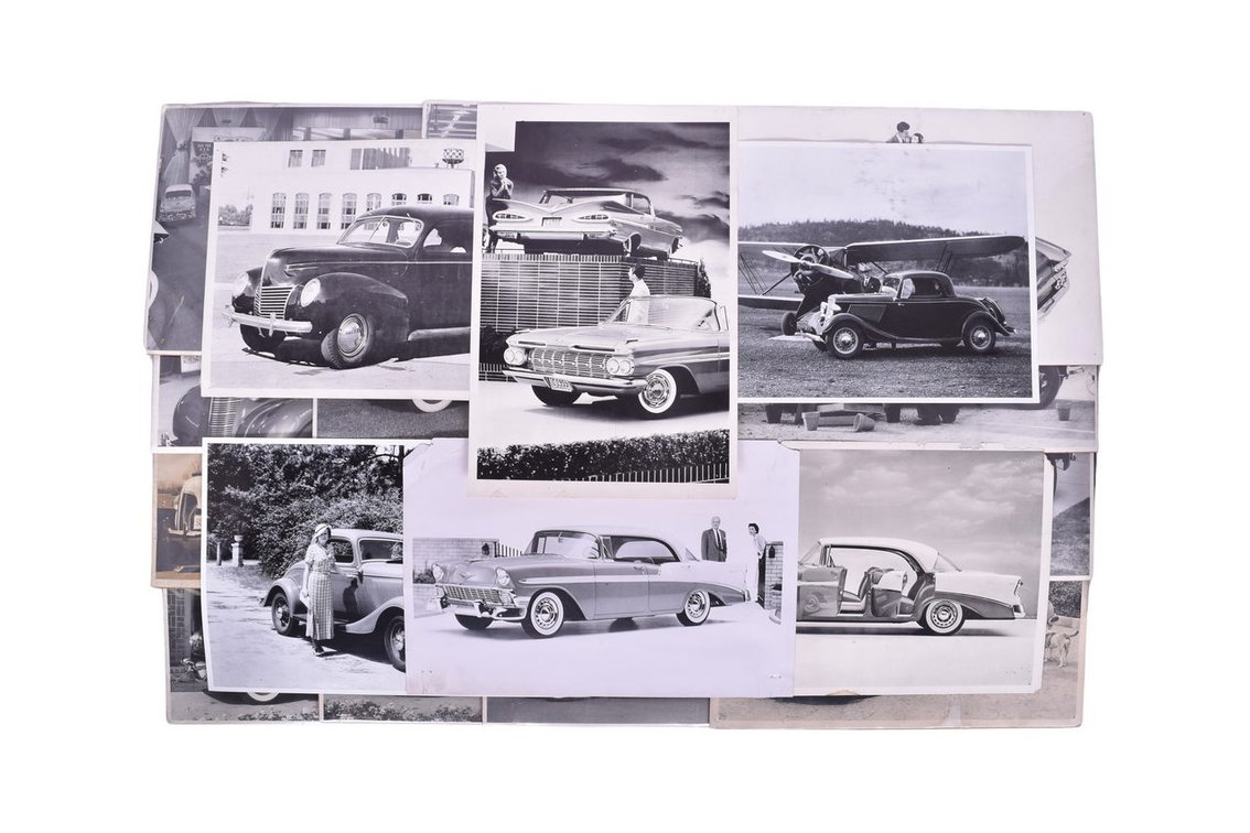 Twenty One Black and White Automobile Advertising Photographs 1930s-1960s Chevrolet, Pontiac, Ford, Oldsmobile