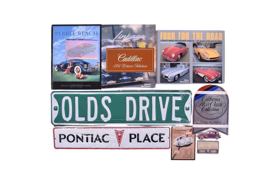 Group of Automobile Memorabilia and Magazines - Pebble Beach, Linkage, Four For The Road, Signs, Stickers, Color Samples, etc.