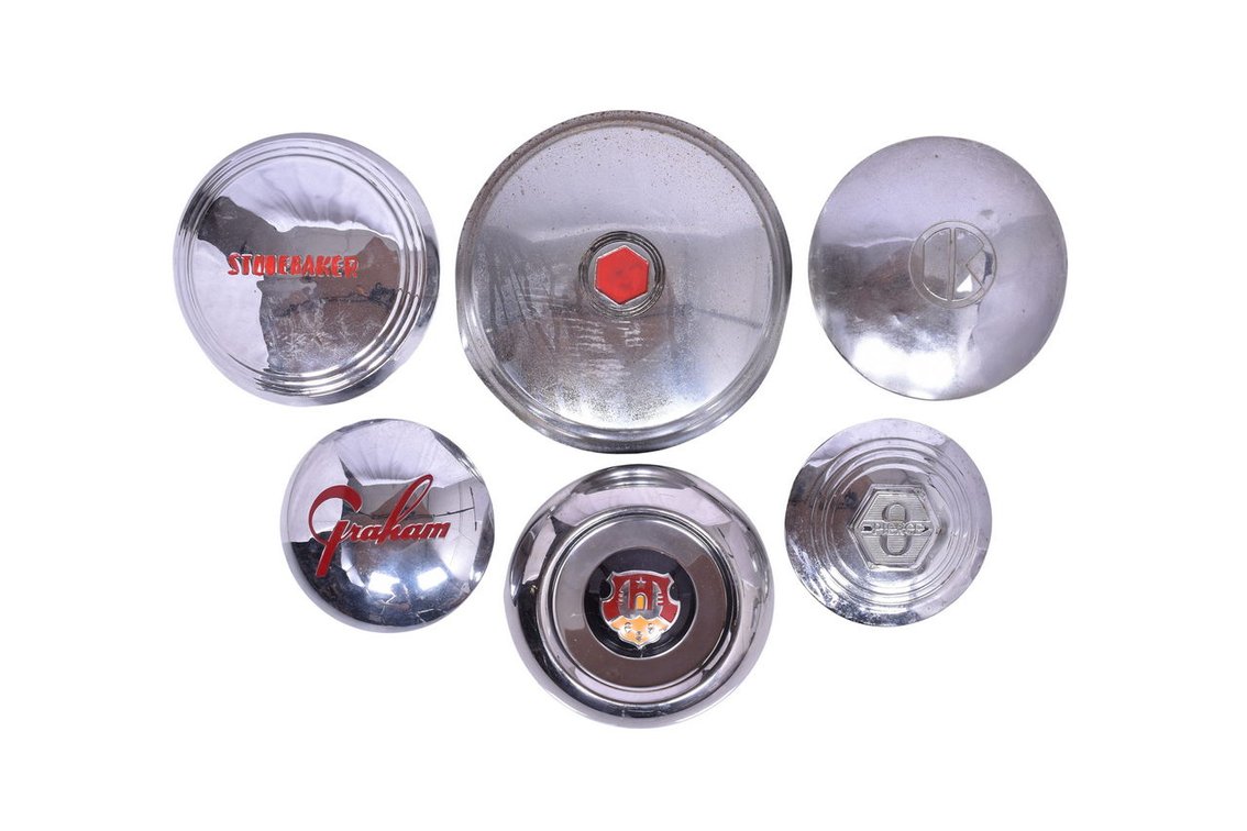 Six Vintage Hub Caps - Packard, Oldsmobile, Studebaker, Pierce Arrow, Graham, and Kaiser