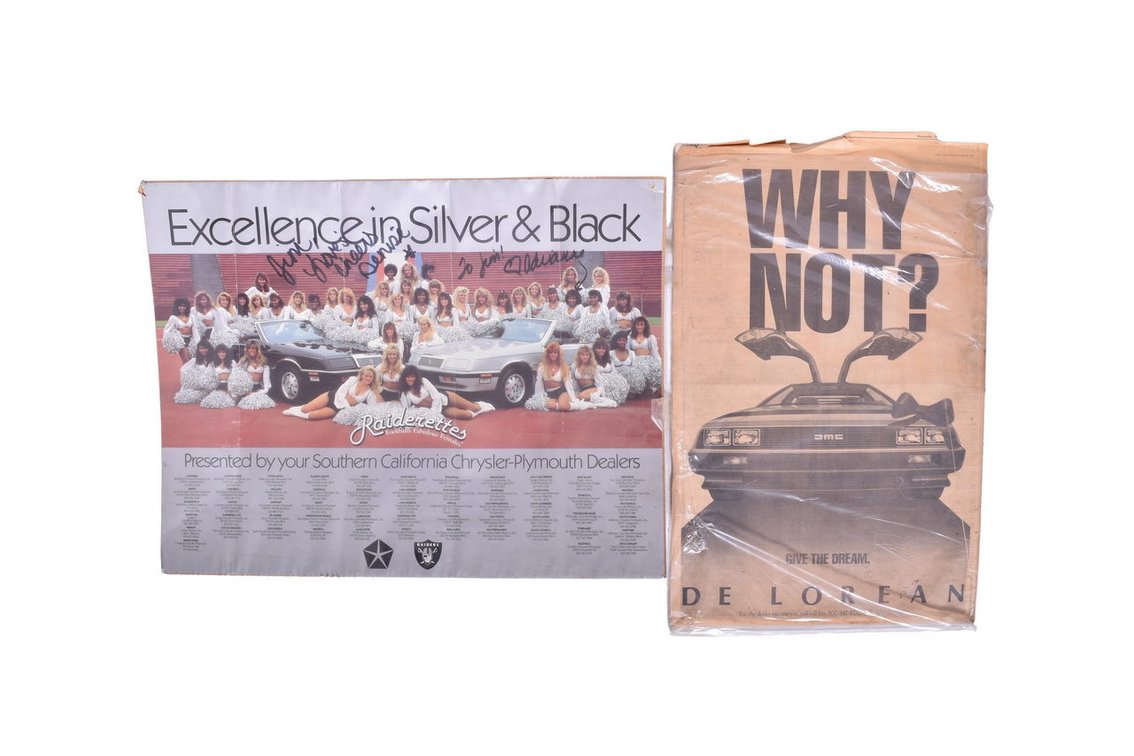 1981 Los Angeles Times DeLorean Newspaper Advertisement and 1989 Chrysler-Plymouth Los Angeles Raiderettes Signed Poster