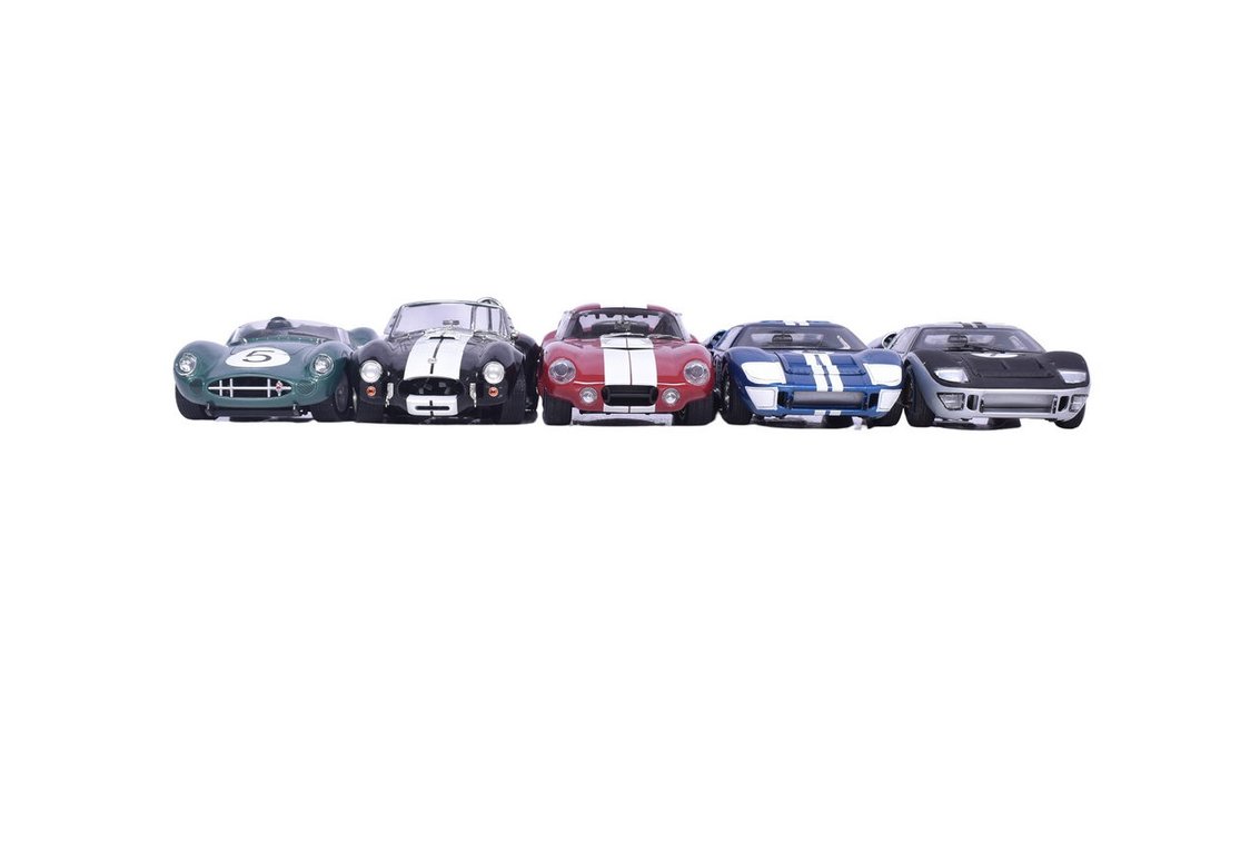 Five Shelby Collectibles 1:18 Scale Die Cast Racing Models - 1966 Ford GT40, Shelby Cobra, and More