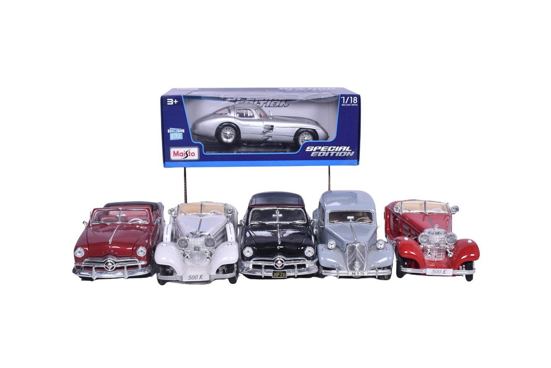 Six Maisto 1:18 Scale Die Cast Models - 1961 Porsche, 1952 Citroen, 1936 Mercedes-Benz, and More