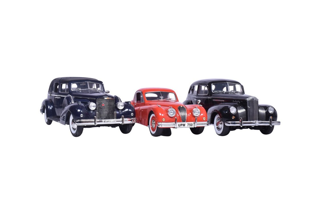 Trio of Signature Models 1:18 Scale Models - 1938 Cadillac, 1938 Packard, 1949 Jaguar