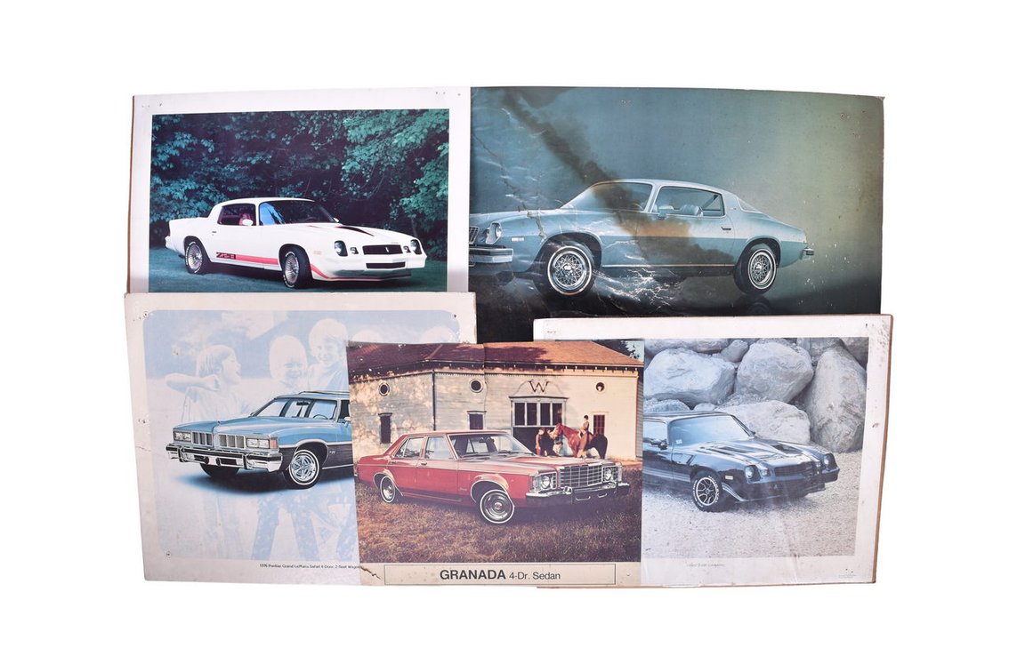 Group of Five 1970s-1980s Dealership Showroom Advertising Posters / Signs - Chevrolet Camaro, Ford Granada, Pontiac Grand LeMans