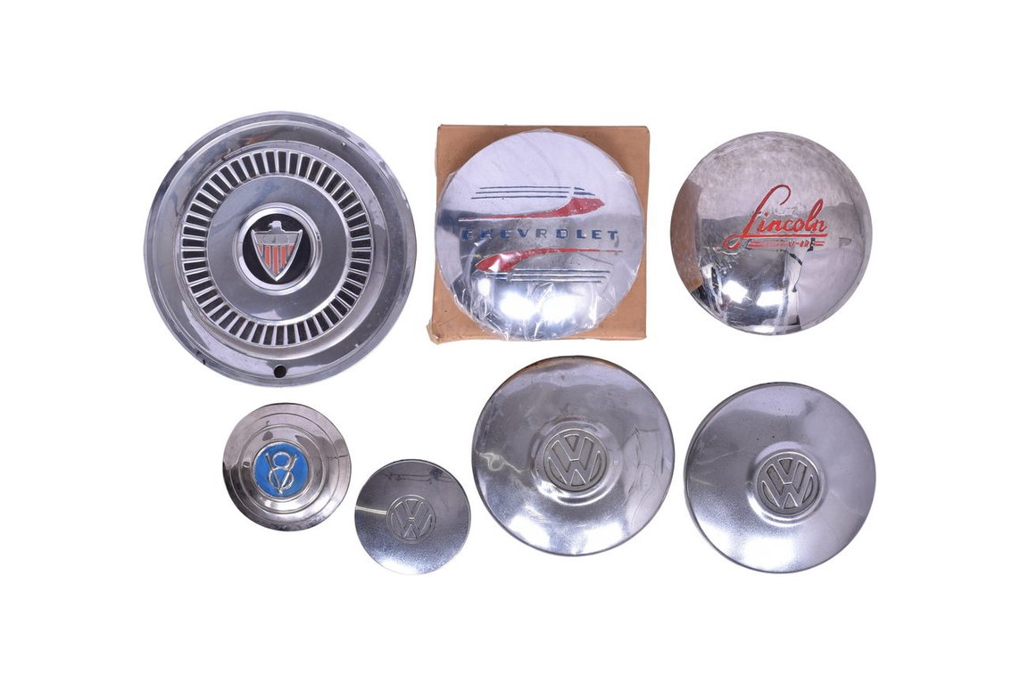 Seven Vintage Hub Caps - Chevrolet, Ford, Volkswagen, Lincoln, and AMC