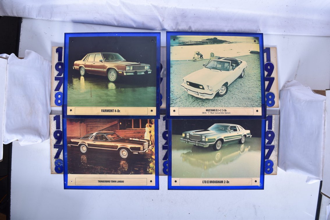 Four 1978 Ford Automobile Dealership Showroom Advertising Signs - Fairmont, Mustang II, LTD II Brougham, Thunderbird Town Landau