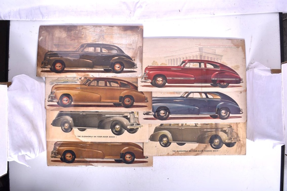 Seven Oldsmobile Car Dealership Advertising Signs 1930s-1940s Olds Six, Series Sixty, Seventy, Ninety-Eight