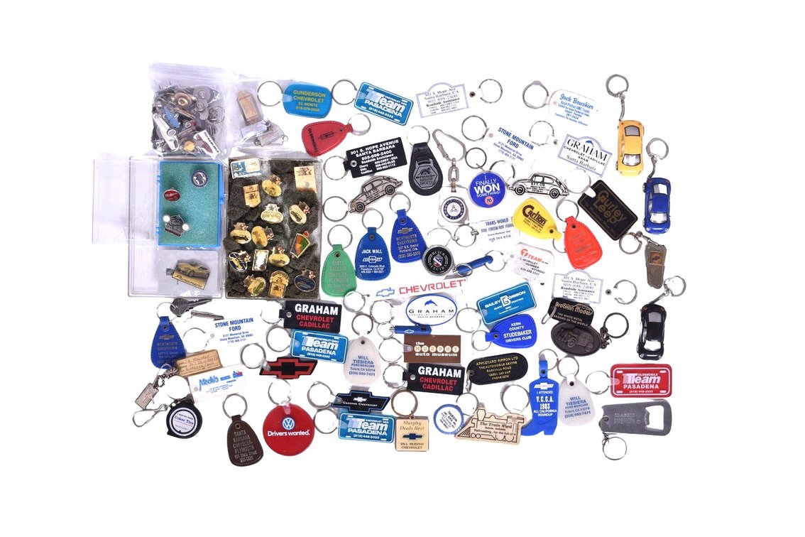 Large Assortment of Automobile Promotional Advertising Pins and Keychains