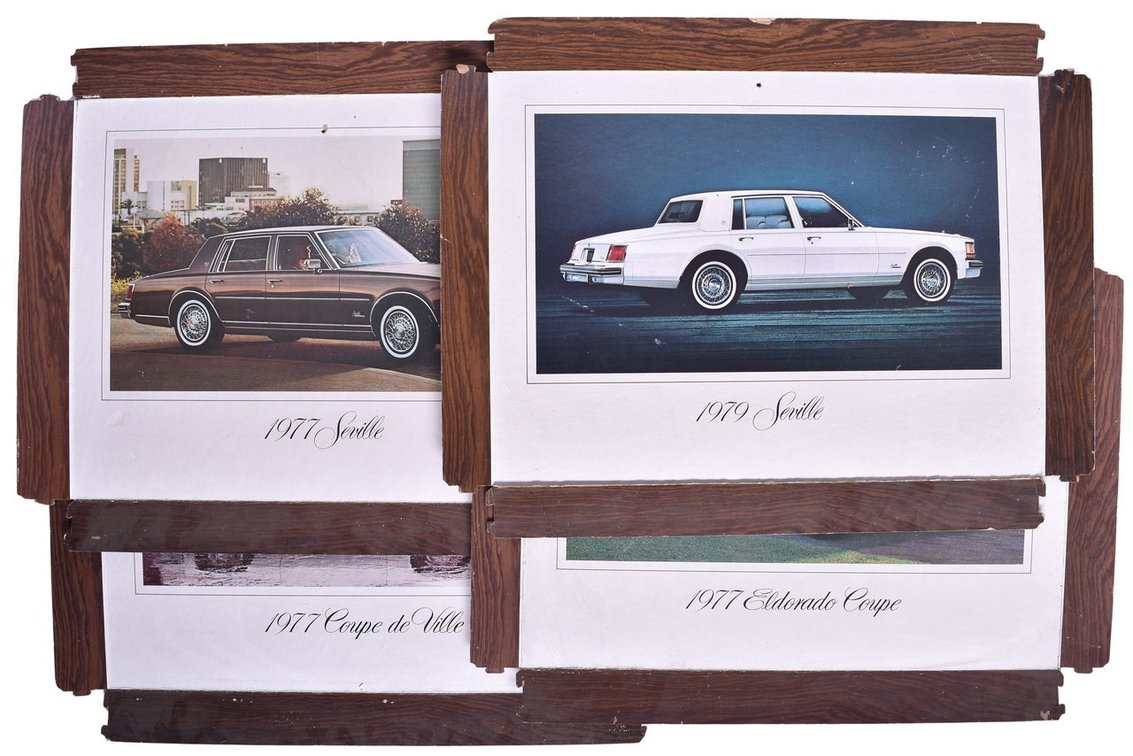 Four Cadillac Dealership Sales Cardboard Displays - 1979 Seville, 1977 Eldorado Coupe, 1977 Coupe De Ville, and 1977 Seville