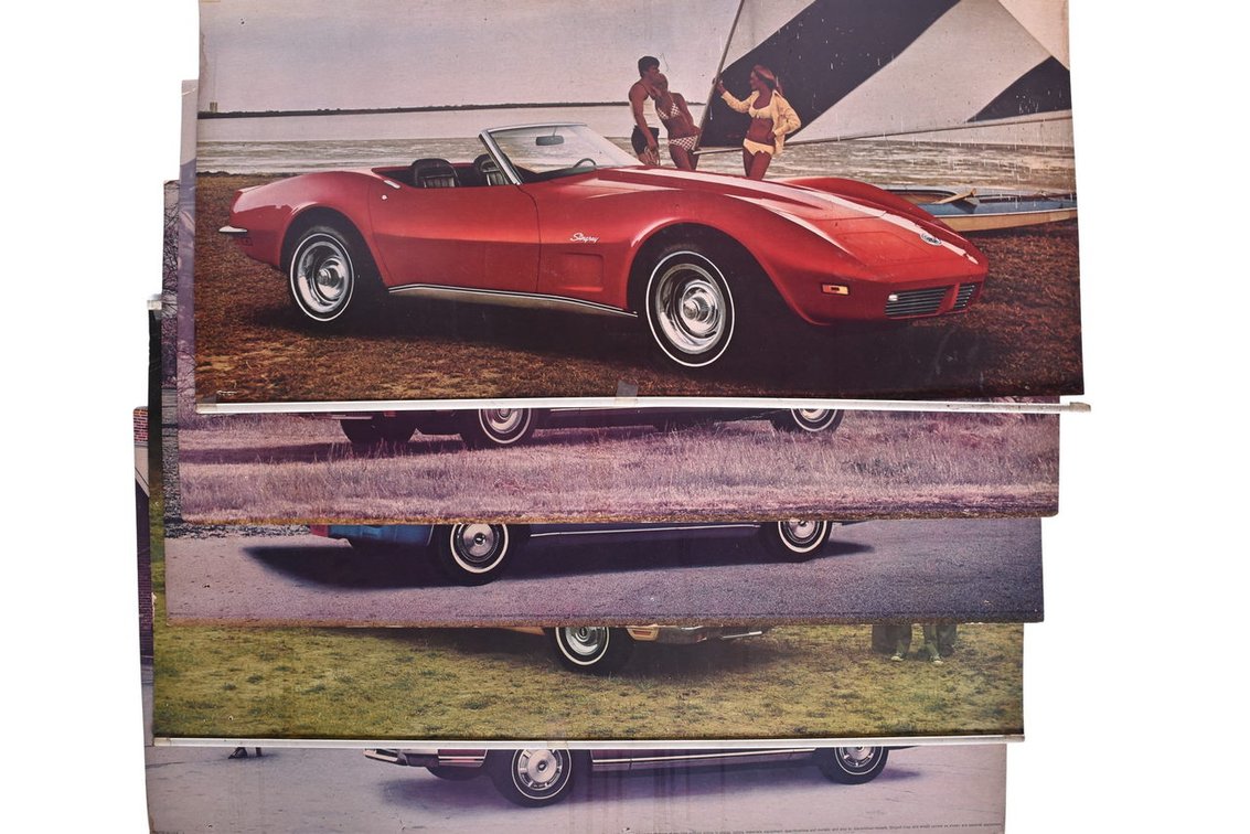 Set of Five 1973 Chevrolet Dealership Showroom Posters - Corvette Stingray, Monte Carlo, Caprice, etc.