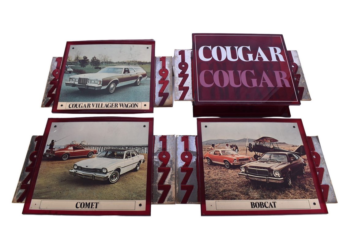Set of four 1977 Mercury Dealership Hanging Displays - Comet, Bobcat, Cougar, Villager Wagon