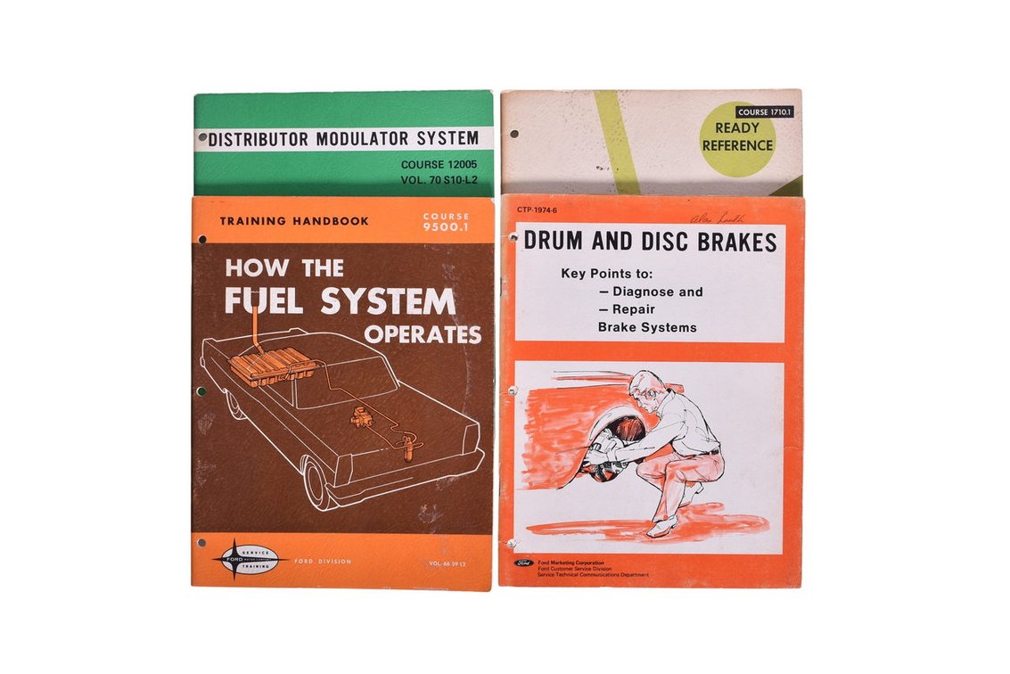 Four Ford Motor Company Original Reference Materials- 1966 Fuel System Training Handbook, 1966 New Vehicle Pre-Delivery Service Ready Reference, 1970 Distributor Modulator System Course, 1974 Drums And Disc Brakes