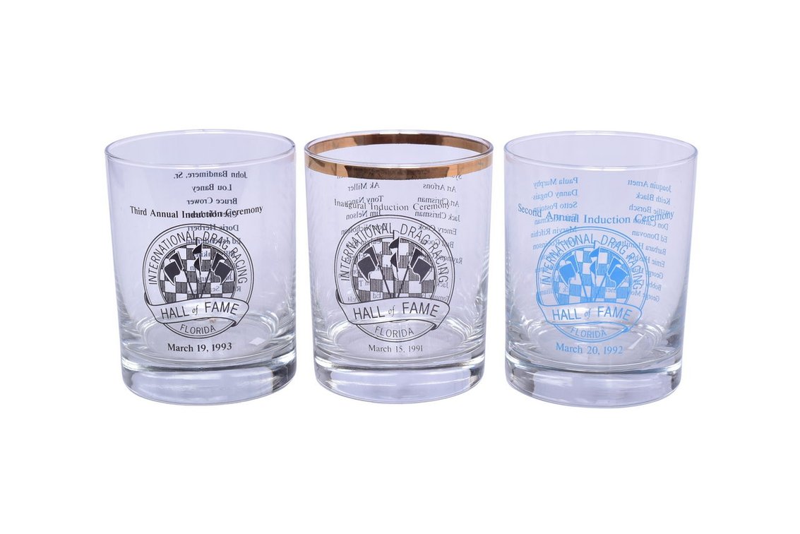 Three International Drag Racing Hall Of Fame Glasses- 1991, 1992, 1993