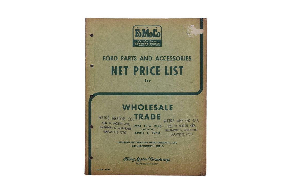Ford Motor Company Wholesale Trade Parts And Accessories Net Price List 1928-1950