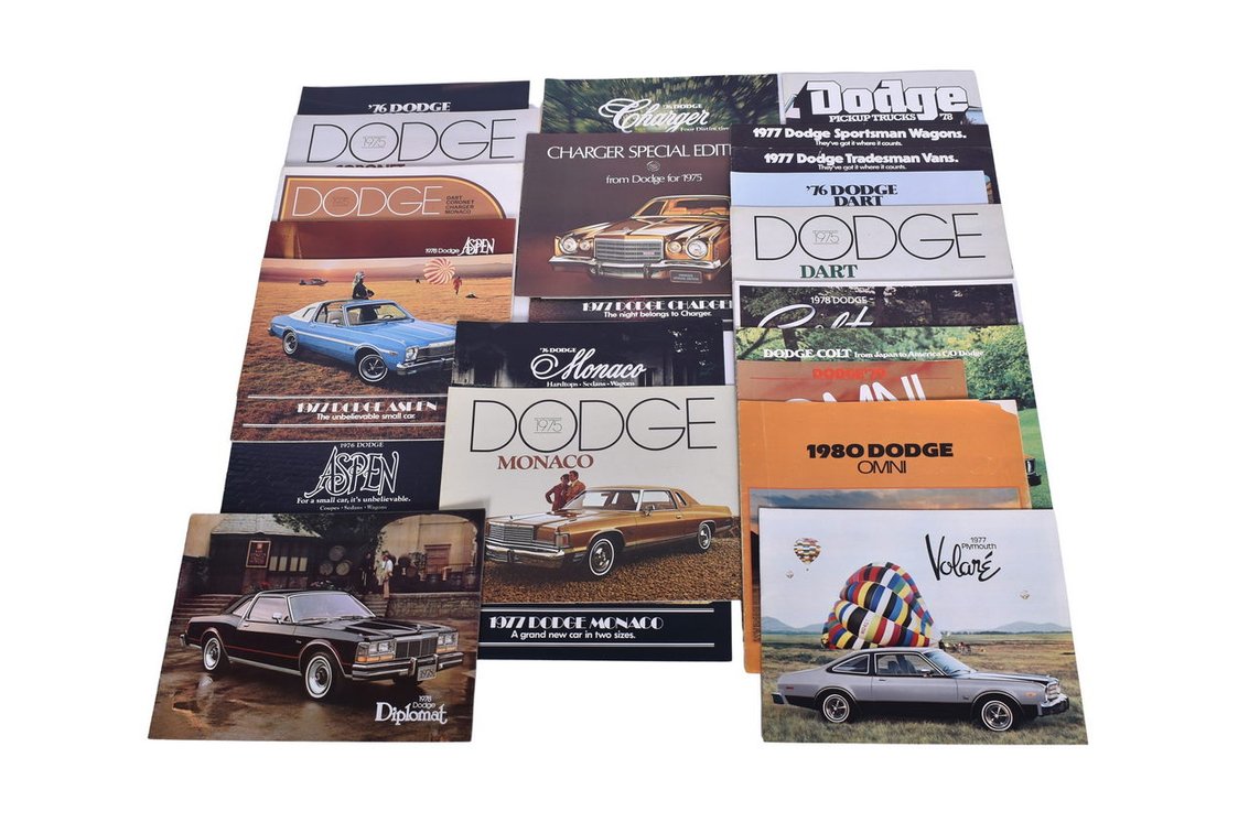 Thirty Pieces Of Promotional Literature And Sales Brochures- Dodge Omni, Charger, Colt, Dart, Wagons, Pickup Trucks, Coronet, Diplomat, Monaco, Aspen, Chrysler Volare